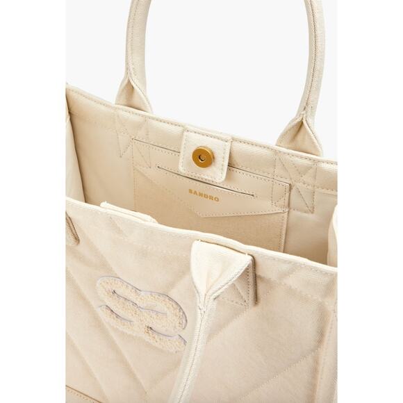 Sandro Kasbah Quilted Canvas Tote Bag Beige Cream Ecru Logo Minimalist $320 NWT - Picture 6 of 13